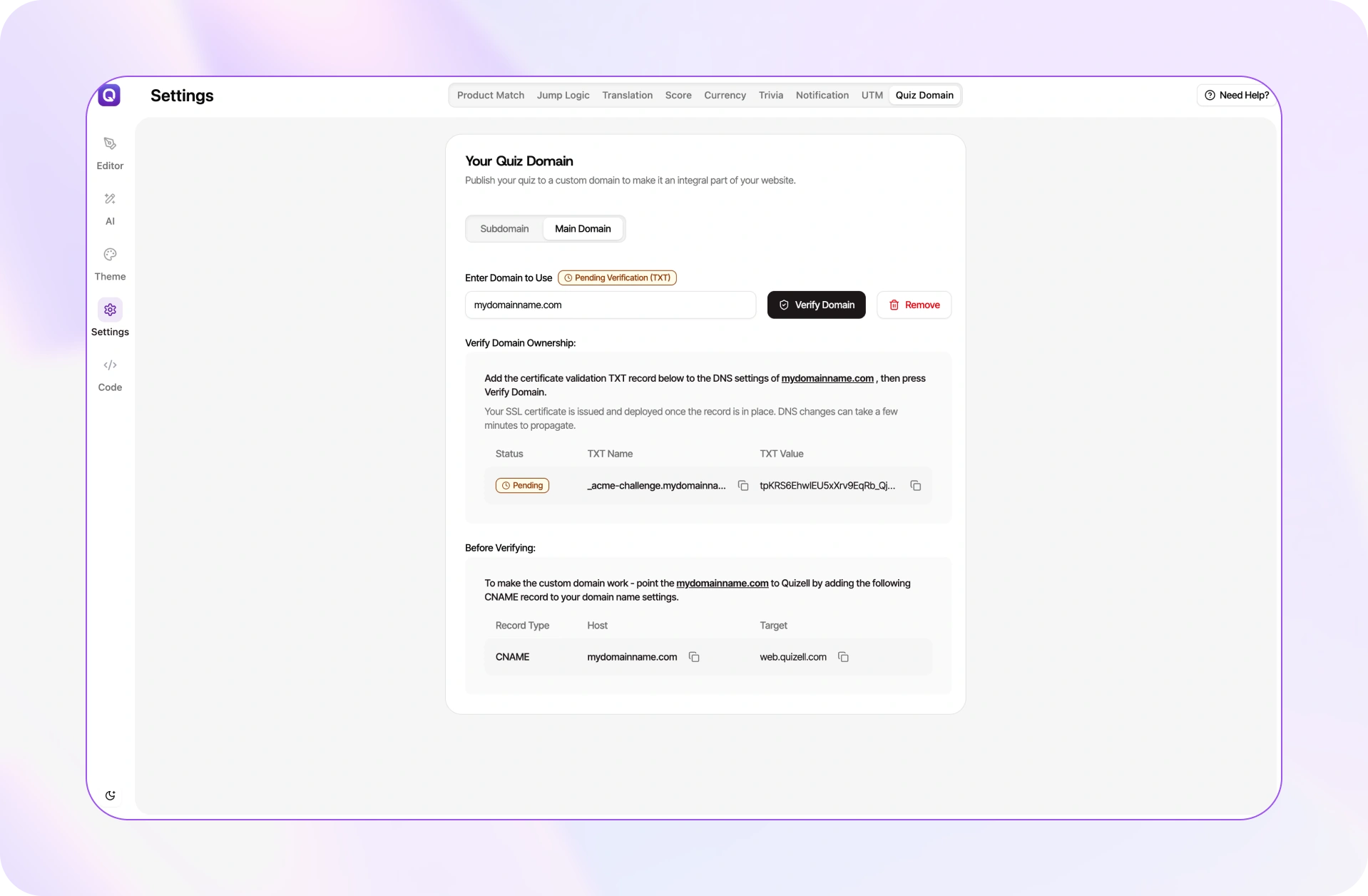 Quiz settings in Quizell showing a custom domain configured for a published quiz